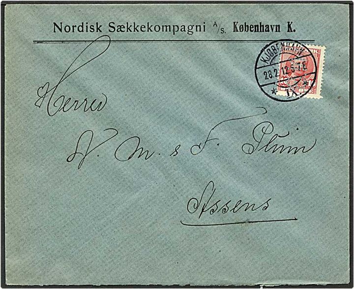 10 øre rød Fr. VIII på brev fra København d. 28.2.1912 til Assens. Mærket med perfin N47 - Nordisk Sækkekompagni.