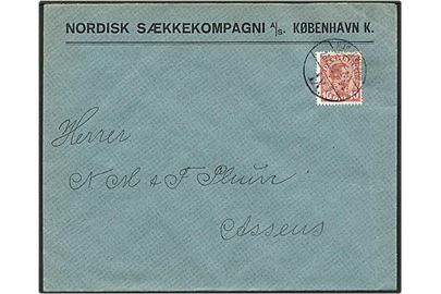 10 øre rød Chr. X  på brev fra København d. 23.10.1913 til Assens. Mærket med perfin N47 - Nordisk Sækkekompagni.