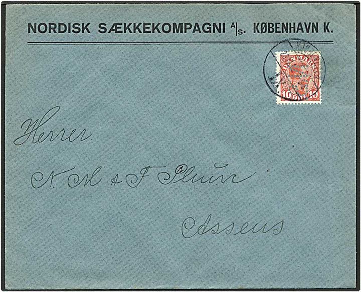 10 øre rød Chr. X  på brev fra København d. 23.10.1913 til Assens. Mærket med perfin N47 - Nordisk Sækkekompagni.