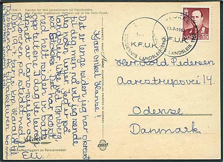 35 øre Olav på brevkort (Færder Fyr) annulleret med spejderstempel Stokke K.F.U.K. Speidernes Landsleir 1962 d. 13.7.1962 til Odense, Danmark.
