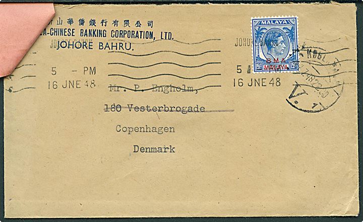 BMA Malaya 15 c. George VI provisorium på brev fra Johore Bahru d. 16.6.1948 til København, Danmark. Forespurgt i Kastrup med rød vignet P.25.