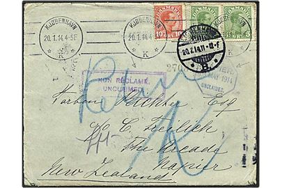 5 øre grøn og 10 øre rød Chr. X på brev fra København d. 20.1.1914 til Napier, New Zealand. Brevet er returneret med Dead Letter stempel. Fuldt indhold medfølger.