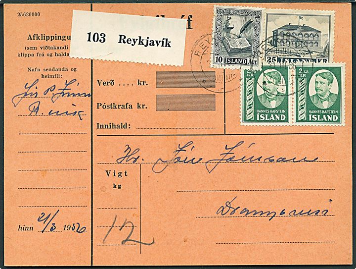 10 aur Håndskrifter, 2,45 kr. Hafstein i parstykke og 25 kr. Altingsbygning på indenrigs adressekort for pakke fra Reykjavik d. 21.3.1956. Høj mærkepris.