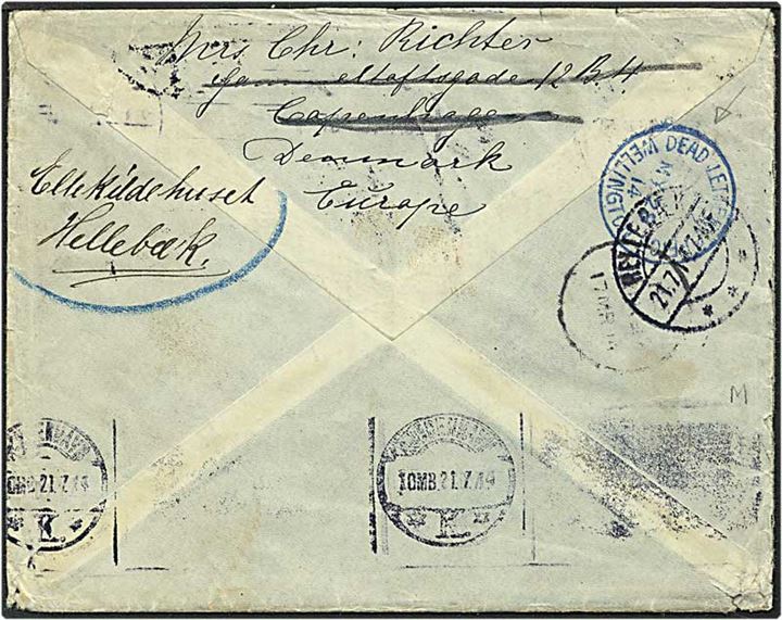 5 øre grøn og 10 øre rød Chr. X på brev fra København d. 20.1.1914 til Napier, New Zealand. Brevet er returneret med Dead Letter stempel. Fuldt indhold medfølger.