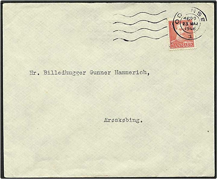 20 øre rød Chr. X på brev fra Odense d. 23.5.1946 til Ærøskøbing. Motiv af mølle på bagsiden af kuverten.