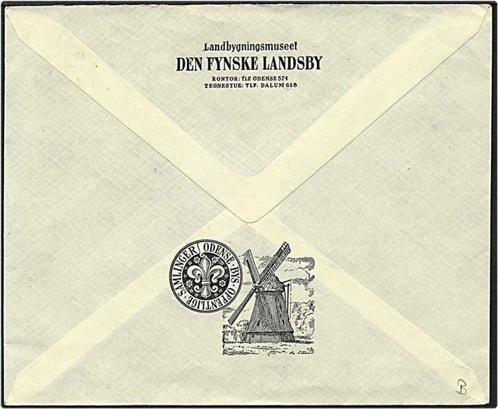 20 øre rød Chr. X på brev fra Odense d. 23.5.1946 til Ærøskøbing. Motiv af mølle på bagsiden af kuverten.