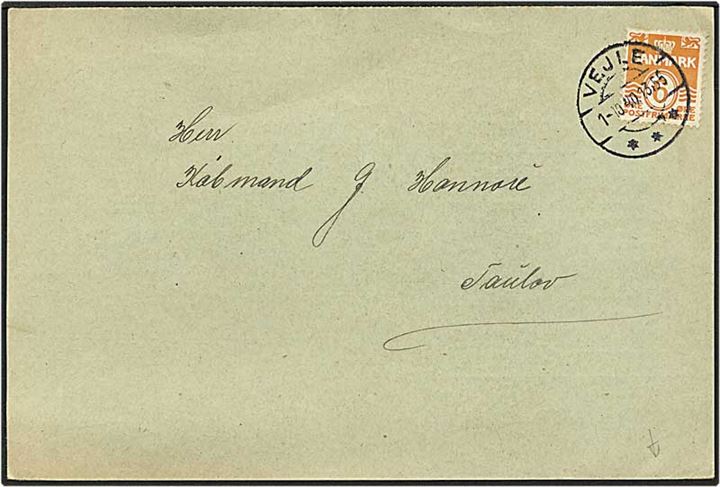 6 øre orange bølgelinie på postanvisning fra Vejle d. 1.10.1940 til Taulov. Taulov (Fredericia) kontorstempel.