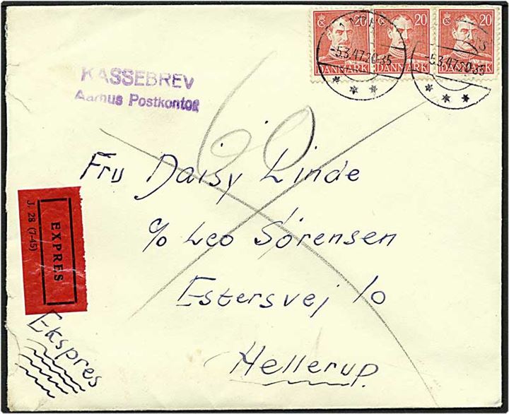 20 øre rød Chr. X på expres kassebrev brev fra Aarhus d. 5.3.1947 til Hellerup.
