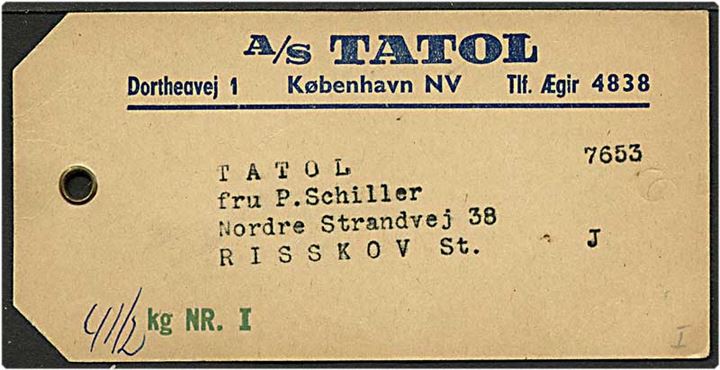 1,20 kr. orange banemærke på manilaseddel fra København d. 26.11.1953 til Risskov. Mærket med perfin T19 - Total.