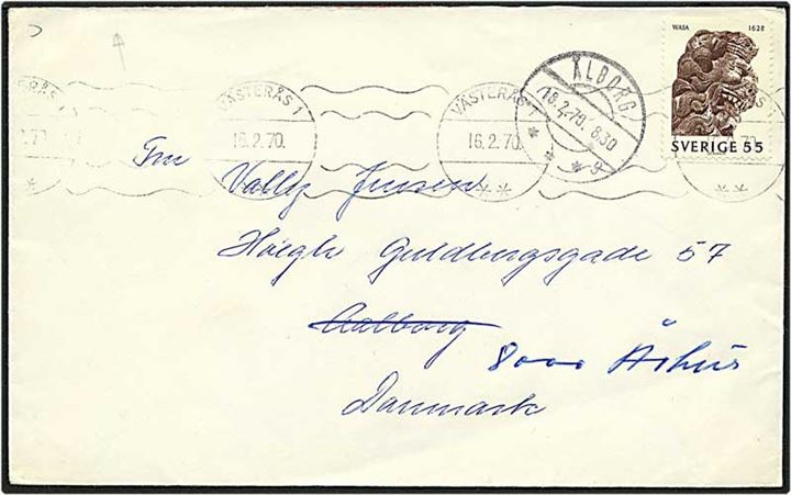 55 øre brun Vasa på brev fra Västerås d. 16.2.1970 til Ålborg. Brevet omadresseret til Århus. Liniestempel med Gaden findes ikke i Ålborg.