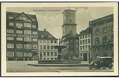 Gammeltorv med Krog's Restaurant, Kaviar-Handel, Cordius Hansen i København. Automobil ses til højre. U/no. 