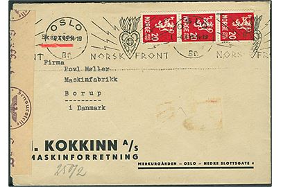 20 øre Løve i 3-stribe på ekspresbrev annulleret med TMS Norsk Front/Oslo d. 4.4.1945 til Borup, Danmark. Åbnet af noirsk censur i Oslo.