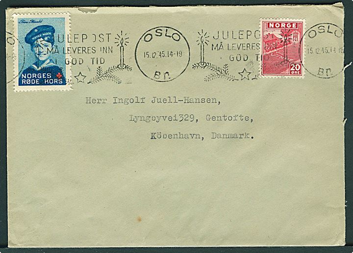 20 øre London udg. og Norges Røde Kors mærkat på brev fra Oslo d. 15.12.1945 til Gentofte, Danmark.