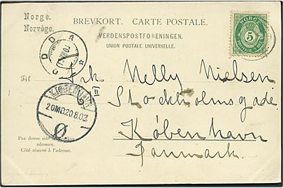 5 øre Posthorn på brevkort (Midtlæger Sæther / Röldal) annulleret med 4-ringsstempel 127 og sidestemplet Odda d. 15.8.1903 til Kjøbenhavn, Danmark. Stempel 127 blev benyttet ved sæson-brevhus på Hotel Breifond (1893-1910).
