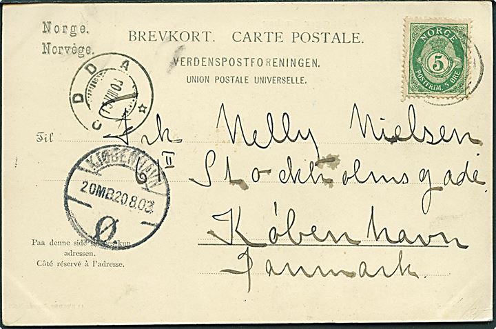 5 øre Posthorn på brevkort (Midtlæger Sæther / Röldal) annulleret med 4-ringsstempel 127 og sidestemplet Odda d. 15.8.1903 til Kjøbenhavn, Danmark. Stempel 127 blev benyttet ved sæson-brevhus på Hotel Breifond (1893-1910).