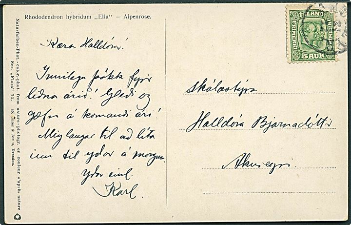 5 aur To Konger på lokalt brevkort stemplet Akureyri d. 21.12.191x.