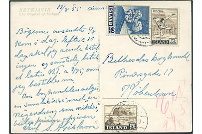 5 aur Erhverv, 60 aur Hekla og 75 aur Sport på luftpost brevkort (Udsigt over Reykjavik) fra Reykjavik d. 19.8.1955 til København, Danmark.