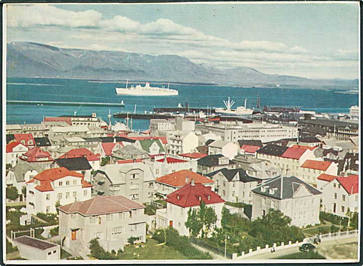 5 aur Erhverv, 60 aur Hekla og 75 aur Sport på luftpost brevkort (Udsigt over Reykjavik) fra Reykjavik d. 19.8.1955 til København, Danmark.