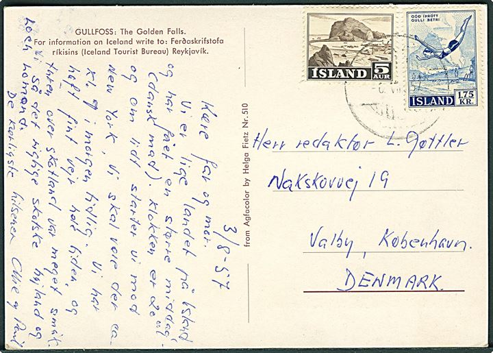 5 aur Erhverv og 1,75 kr. Sport på brevkort (Gullfoss) fra Reykjavik d. 3.8.1957 til København, Danmark.