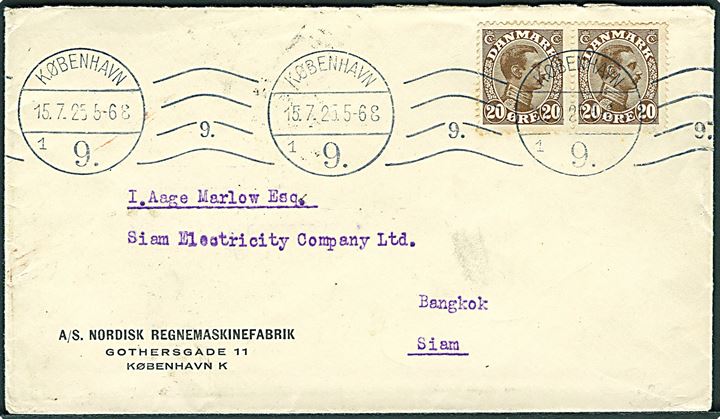 20 øre Chr. X i parstykke på brev fra København d. 15.7.1925 til Bangkok, Siam. Ank.stemplet i Bangkok d. 15.8.1925.