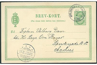 5 øre Våben helsagsbrevkort fra Nakskov annulleret med lapidar bureaustempel Nykjøbing p.F. - Nakskov d. 12.2.1906 til Aarhus.