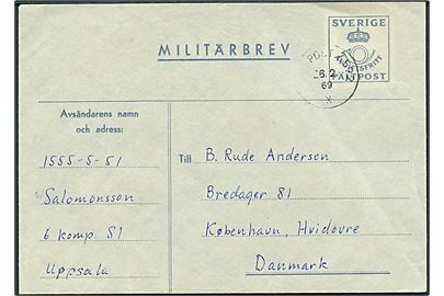 Militärbrev med svarmærke stemplet Fältpost 6592 d. 26.2.1969 til København, Danmark. Interessant manøvre-feltpost sendt til udlandet.