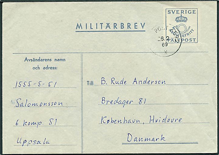Militärbrev med svarmærke stemplet Fältpost 6592 d. 26.2.1969 til København, Danmark. Interessant manøvre-feltpost sendt til udlandet.