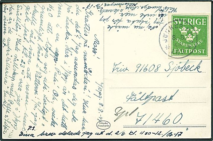 Fältpost svarmærke på brevkort (Jönköping med tegnet vandflyver) fra Jönköping d. 8.8.1944 til soldat ved Fältpost 71460.