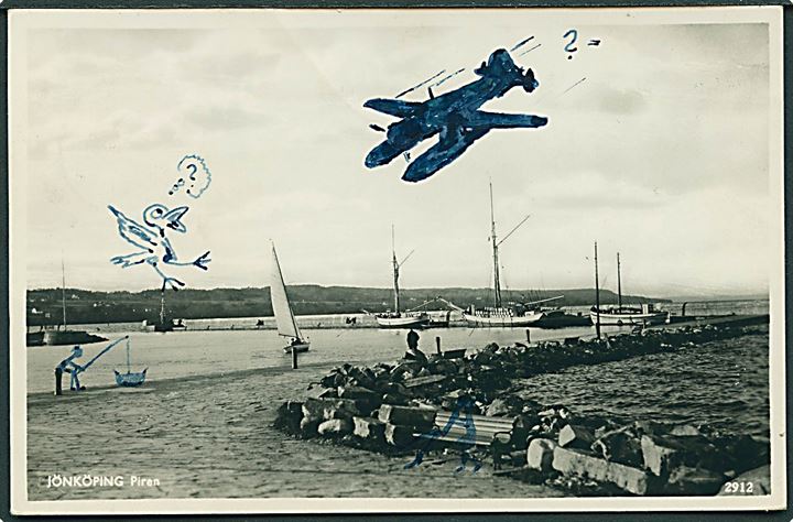Fältpost svarmærke på brevkort (Jönköping med tegnet vandflyver) fra Jönköping d. 8.8.1944 til soldat ved Fältpost 71460.