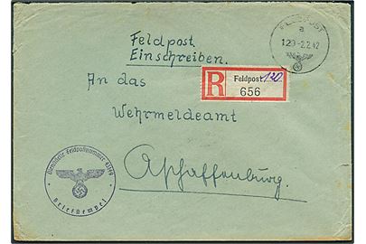 Ufrankeret anbefalet feltpostbrev stemplet Feldpost 120 d. 2.2.1942 til Aschaffenburg, Tyskland. Fra Feldpost nr. 43149 = 2. Batterie Artillerie-Abteilung 416 stationeret i Danmark.