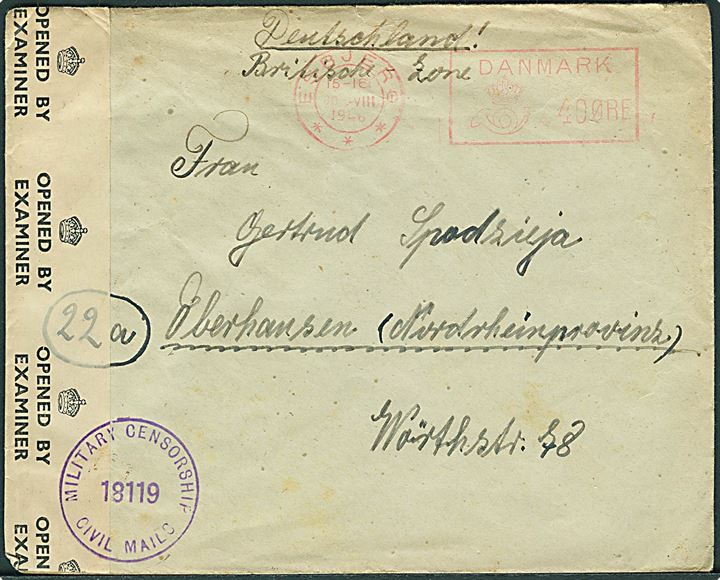 40 øre posthusfranko fra Esbjerg d. 30.8.1946 på flygtningebrev fra Oksbøl til Oberhausen, Tyskland. Åbnet af allieret efterkrigscensur i Tyskland.
