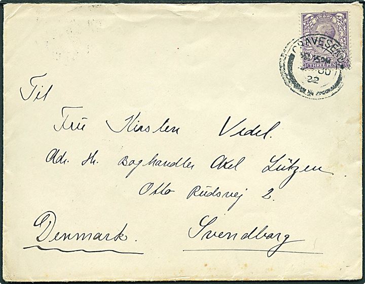 3d George V på brev fra Gravesend d. 22.6.1922 til Svendborg, Danmark.