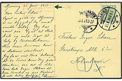 5 øre grøn Chr. X på postkort fra Hjørring d. 25.6.1914 til København. Rammestempel med forsinkelsesårsag.