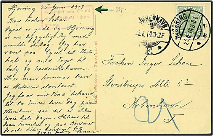 5 øre grøn Chr. X på postkort fra Hjørring d. 25.6.1914 til København. Rammestempel med forsinkelsesårsag.