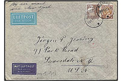 25 øre brun karavel og 1 kr. brun Chr. X på luftpost brev fra Hjørring d. 23.8.1941 til New York, USA. Tysk censur.