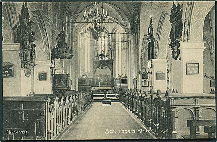 Interiør fra Sct. Peders Kirke i Næstved. Stenders no. 8251.