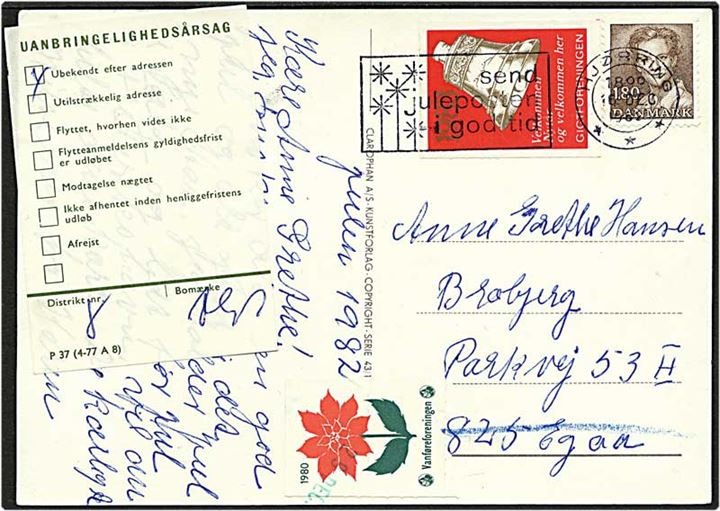 1,80 kr. brun Dr. Margrethe samt gigt- og vanføreforeningerns mærke på postkort fra Hjørring d. 16.12.1982 til Egaa. Modtageren ubekendt efter adressen.