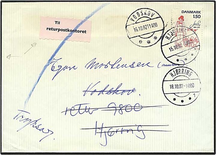 1,50 kr. blå/rød Storm P. på brev fra Hjørring d. 15.10.1982 til Vodskov. Adressaten ubekendt og brevet er returneret.