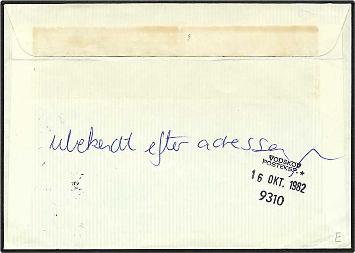 1,50 kr. blå/rød Storm P. på brev fra Hjørring d. 15.10.1982 til Vodskov. Adressaten ubekendt og brevet er returneret.