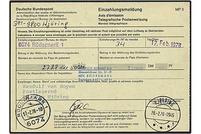 Tysk indbetalingskort fra Rödermark d. 17.2.1978 til Hjørring.