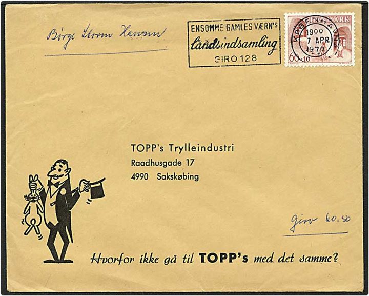 60+10 øre brunrød grønlandsk børnesag på brev fra København d. 7.4.1970 til Sakskøbing. Kuvert med motiv af tryllekunstner.