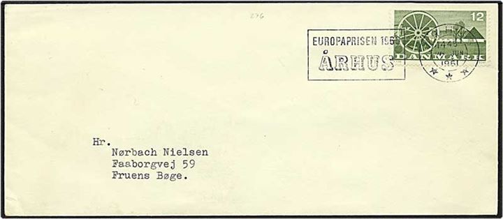 12 øre grøn landbrug på brev fra Århus d. 4.6.1961 til Fruens Bøge. TMS nr. 276.