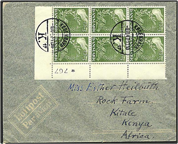15+5 øre grøn Danmarks Befrielse på luftpost brev fra København d. 8.10.1947 til KItale, Kenya.