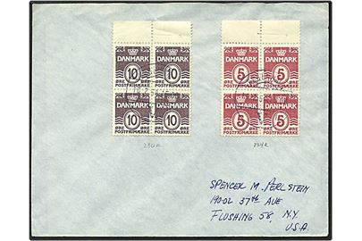 5 øre vinrød og 10 øre violet bølgelinie, fra frimærkehæfte, på brev fra København d. 10.2.1954 til New York, USA.