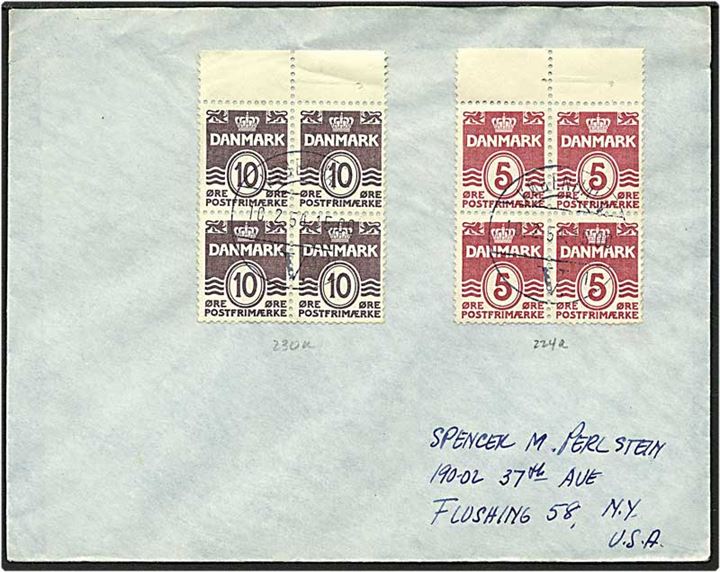 5 øre vinrød og 10 øre violet bølgelinie, fra frimærkehæfte, på brev fra København d. 10.2.1954 til New York, USA.
