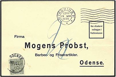 Ufrankeret kort fra Nykøbing F. d. 19.3.1936 til Odense. Kortet sat i porto med 20 øre og påsat 20 øre grå porttomærke.