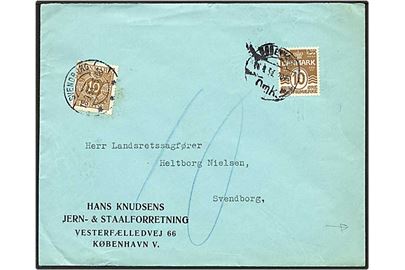 10 øre brun bølgelinie på brev fra København d. 17.9.1933 til Svendborg. Brevet sat i porto med 10 øre og påsat 10 øre lysebrun portomærke.