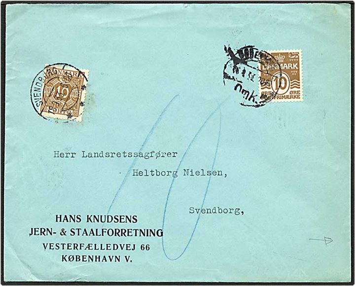 10 øre brun bølgelinie på brev fra København d. 17.9.1933 til Svendborg. Brevet sat i porto med 10 øre og påsat 10 øre lysebrun portomærke.