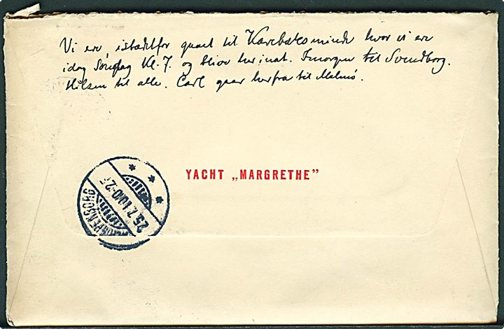 10 øre Fr. VIII på fortrykt kuvert fra Yacht Margrethe i Karrebæksminde d. 25.7.1910 til Ny Taarbæk pr. Springforbi