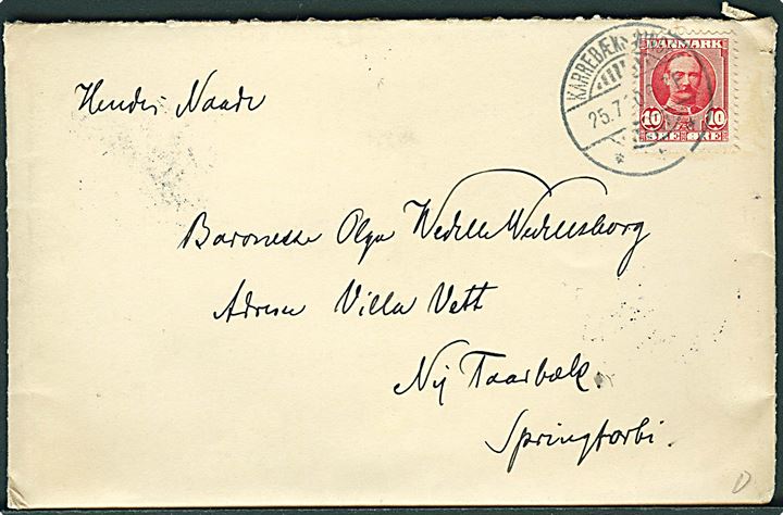 10 øre Fr. VIII på fortrykt kuvert fra Yacht Margrethe i Karrebæksminde d. 25.7.1910 til Ny Taarbæk pr. Springforbi